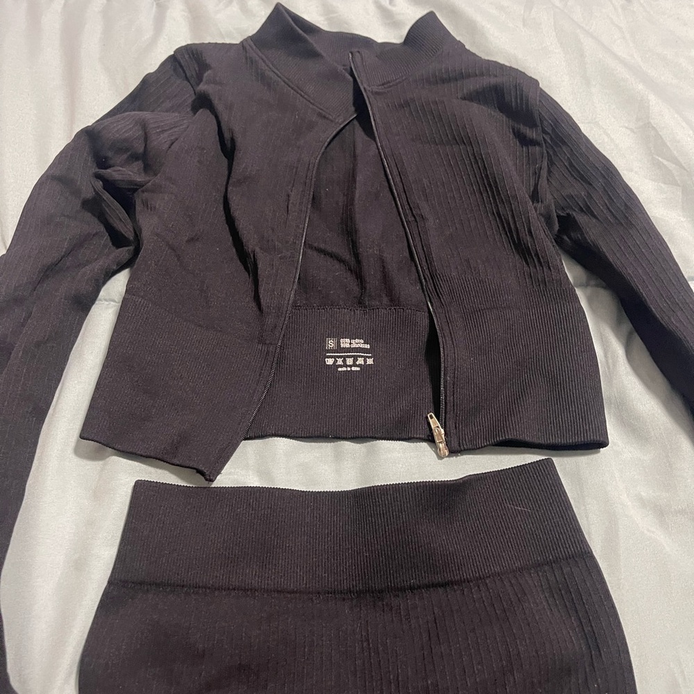 Black Ribbed Zip-Up Jacket and Skirt Set